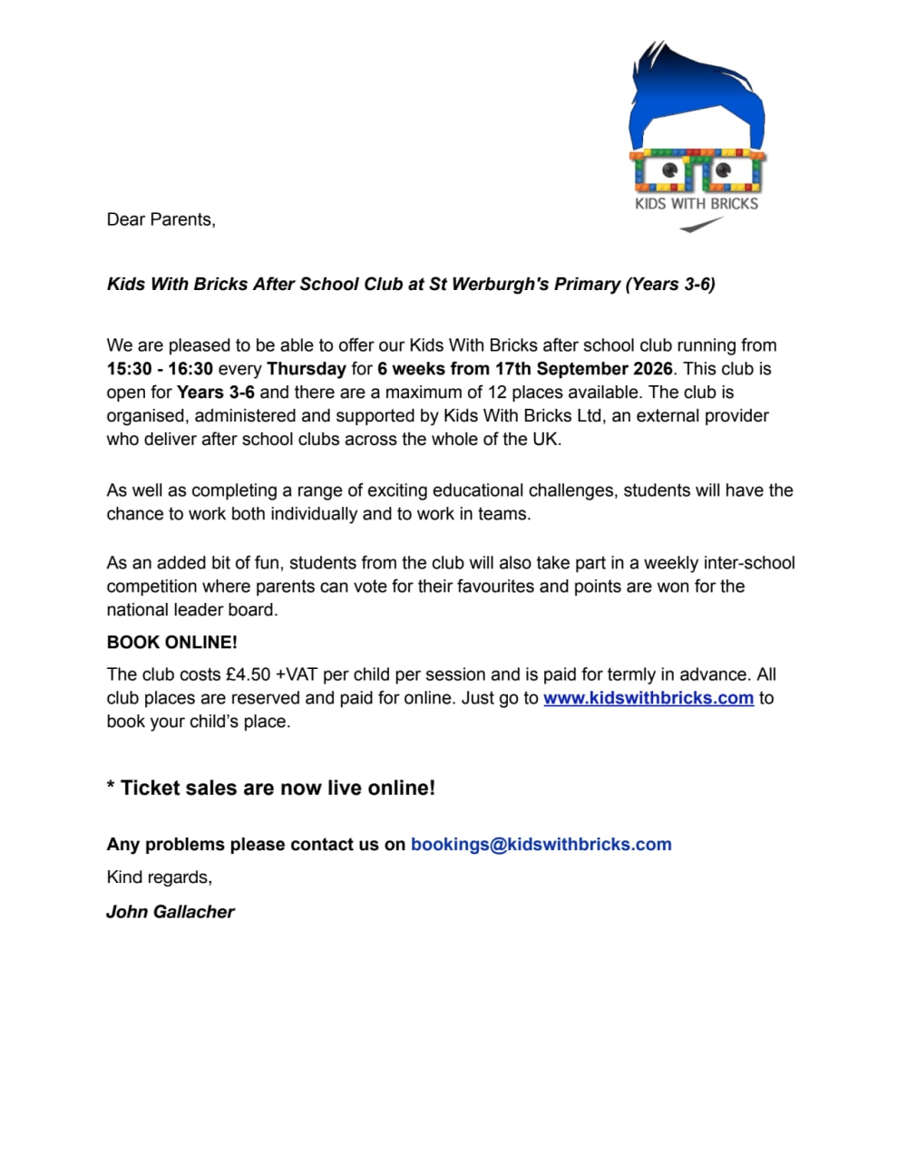 PDF Preview of St Werburgh’s Primary (Years 3-6) – Kids With Bricks Club Letter